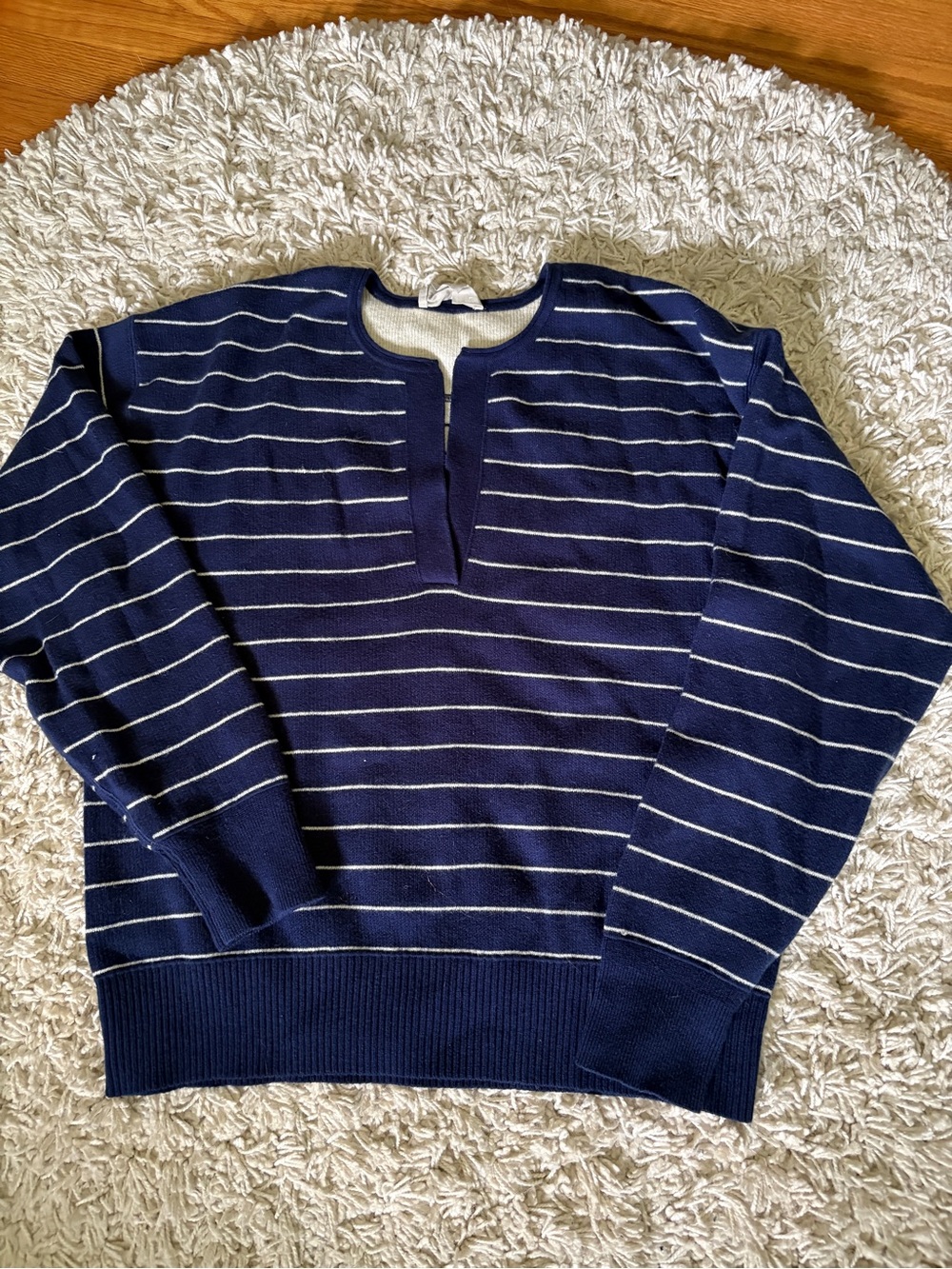 Everlane Navy and White Striped V‑Neck Sweater